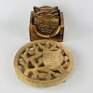 Hand Carved Mango Wood Owl Trivet and Carved Coaster Set of 6